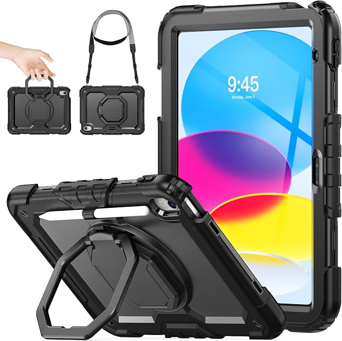 SEYMAC stock Handle Case for iPad (A16) 11th / 10th Gen 11'' /10.9'' Black | Full-Body Drop Protection Shockproof Case Pencil Holder Screen Protector 360 Ring Handle Stand 2025/2022 Released