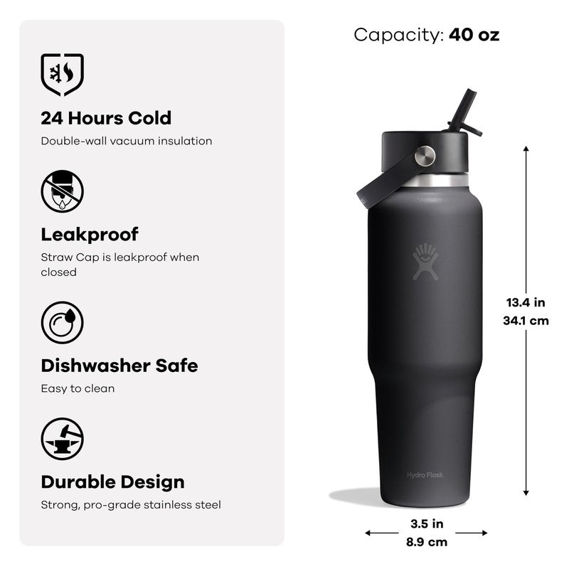 Hydro Flask Travel Water Bottle - Insulated Stainless Steel - Wide Straw Lid, Non Spill, Leakproof in 40 Oz Capri Blue