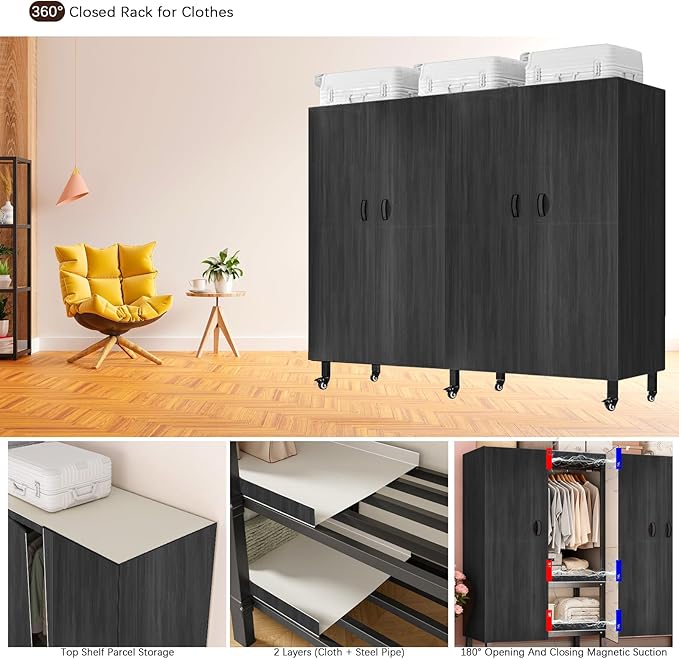 Foldable Portable Armoire Wardrobe Closet for Hanging Clothes Rack, Heavy Duty Covered Clothes Rack with Cover(HARDBOARD Magnetic), Closet Garment Rack for Bedroom Storage (KT Black, 49.21in)