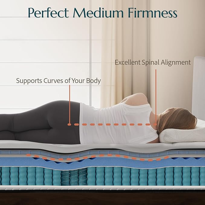 Queen Size Mattress 12 Inch Deluxe Hybrid Mattresses without Fiberglass , Medium Firm with Cooling Gel Memory Foam and Pocket Coil for Pressure Relief , Motion Isolation , Edge Support , CertiPUR-US