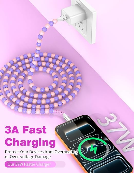 Jelanry 3FT USB-A to USB-C Fast Charging Cable Beaded &ampData Sync Women Girl | Cute kawaii beaded cable for iPhone 17/16/15 Samsung S26/S25/S24 Pixel iPad Fast charge for daily use office &amp tra