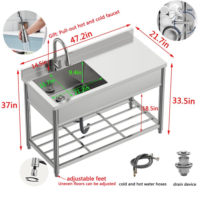 GGW Commercial Sink with Drainboard, Stainless Steel Utility Sink with Pull-out Faucet, Free Standing Single Bowl Kitchen Sink with Workbench for Restaurant, Garage, Outoor, 21.7"D x 47.2"W x 37"H