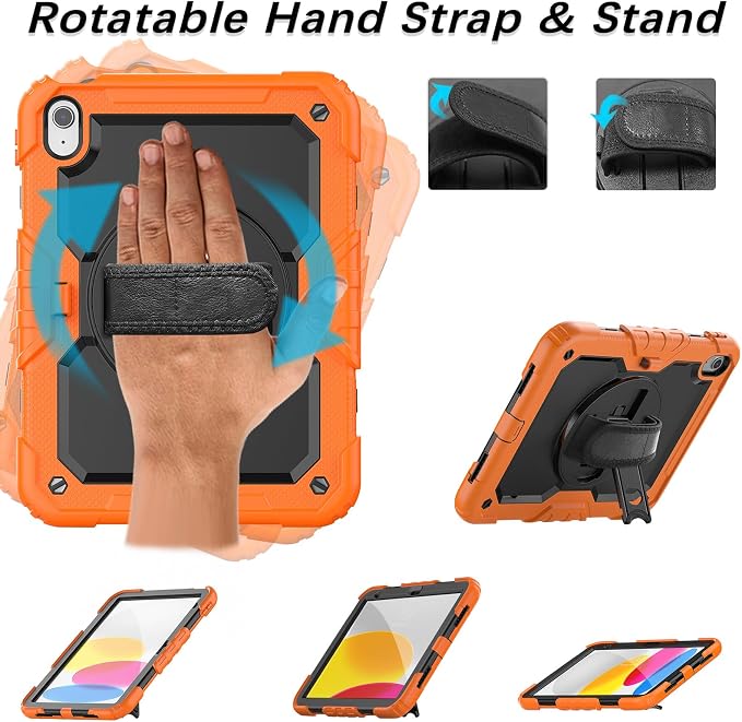 Weuiean Case for iPad A16 11th/10th Generation 11/10.9 Military-Grade Heavy-Duty Shockproof Cover with 360° Rotating Stand Built-in Pencil Holder &amp Adjustable Hand/Shoulder Strap - Black