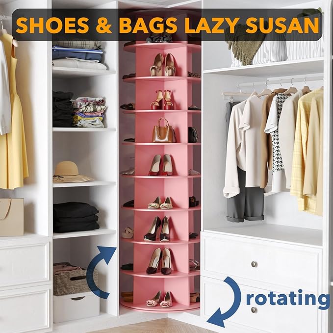 SpaceAid 9 Tier Rotating Shoe Rack Tower, Spinning Shoe Display Lazy Susan, Revolving 360 Shoe Rack Storage Round Carousel, Vertical Handbag Rotate Shoes Closet Organization (9-Tier Pink)