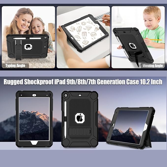 LTROP Case for iPad 10.2-Inch 9th/ 8th/ 7th Generation (2021/2020/ 2019) with Pencil Holder &amp Kickstand Hybrid Shockproof Rugged Protective Case for iPad 9/8/ 7 Gen 10.2 Purple and Green