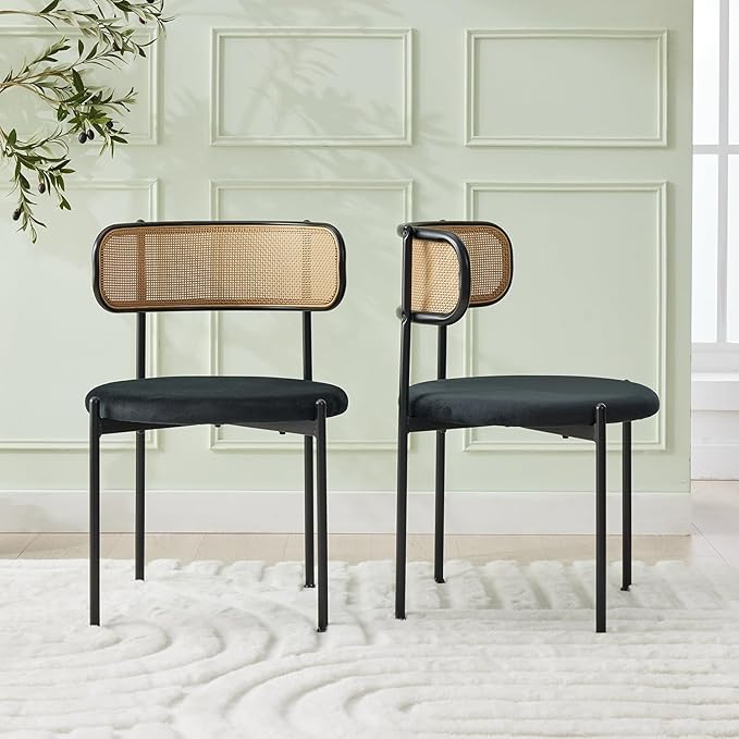 Rattan Dining Chairs Set of 4, Mid Century Modern Dining Chairs with Cane Back and Boucle Upholstered Seat, Farmhouse Kitchen Chairs for Dining Room and Living Room, Black