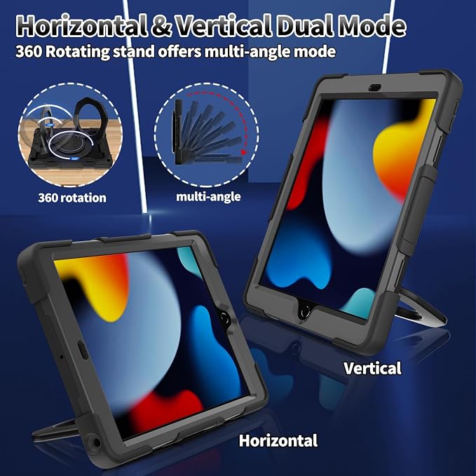 for iPad 9th 8th 7th Generation Case(iPad 10.2 inch) for Kids | 15ft Drop Protection Rugged with 360 Kickstand Handle Shoulder Strap，HD Screen Protector，Shockproof (2021/2020/2019 Release)