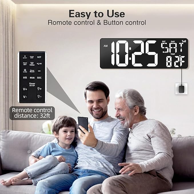 XREXS 16.5 in Large Display Wall Clock with Temperature/Date/Week, LED Big Digital Timer Clock with Remote Control, Alarm Clock for Home and Office, Auto-dimming