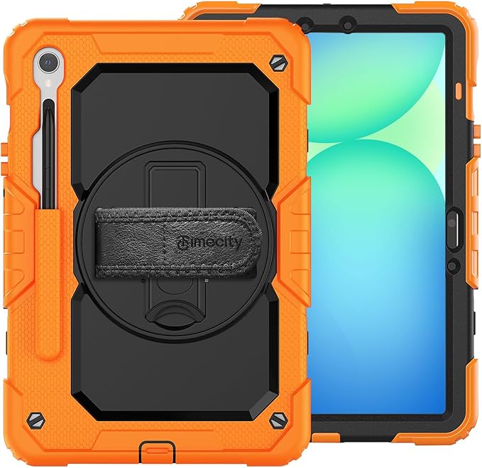 Timecity Case for Samsung Galaxy Tab S10 FE/ S9 FE 5G 10.9 Inch/ S9 11 Inch - Heavy Duty Protective Cover with Screen Protector, Rotating Stand, Shoulder Strap & S Pen Holder | Kids-Friendly, Orange