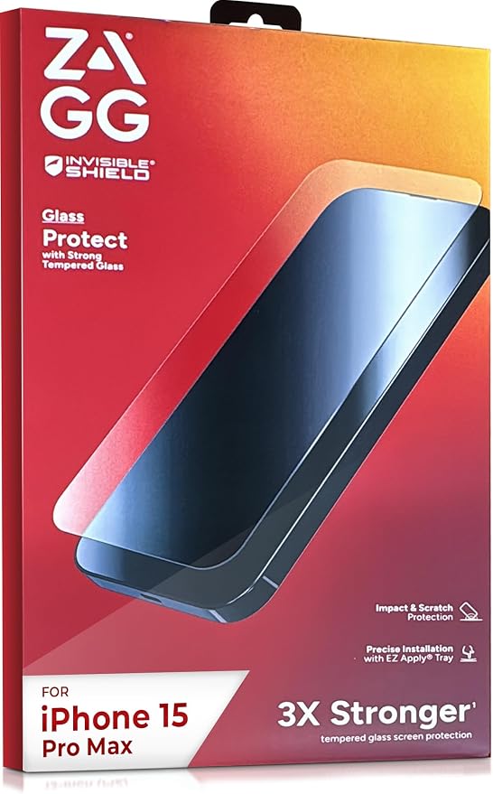 ZAGG InvisibleShield Glass Screen Protector for iPhone 15 Pro Max - 3X Stronger Tempered Glass Scratch &amp Impact Protection Smudge-Resistant Easy to Install - Clear