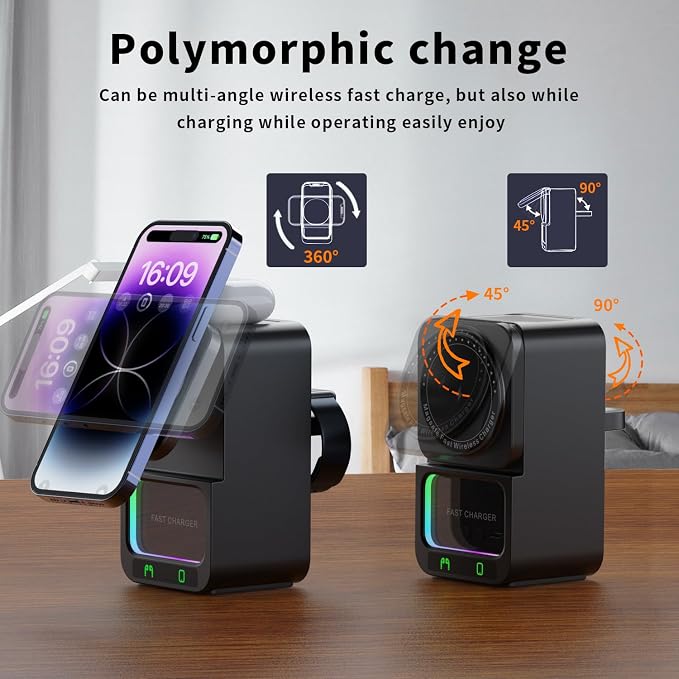 4 in 1 Magnetic Wireless Charging Station Foldable Wireless Charger Stand with Bluetooth Speaker for iPhone 16 15 14 13 Series for AirPods 3/2/Pro for Apple Watch Ultra/SE/9/8/7/6/5/4/3/2/1 (Black)
