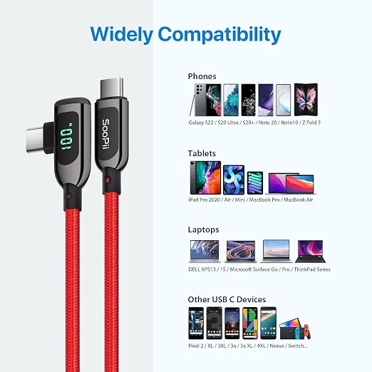 SOOPII 100W Right Angle USB C to USB C Cable2-Pack 1FT Zinc Alloy Case Nylon Braided Type-C Cable with LED Display for lPad Mini/Air/ProMacBook ProSamsung S23/S22/S10PixelLG(0.3mBlack)