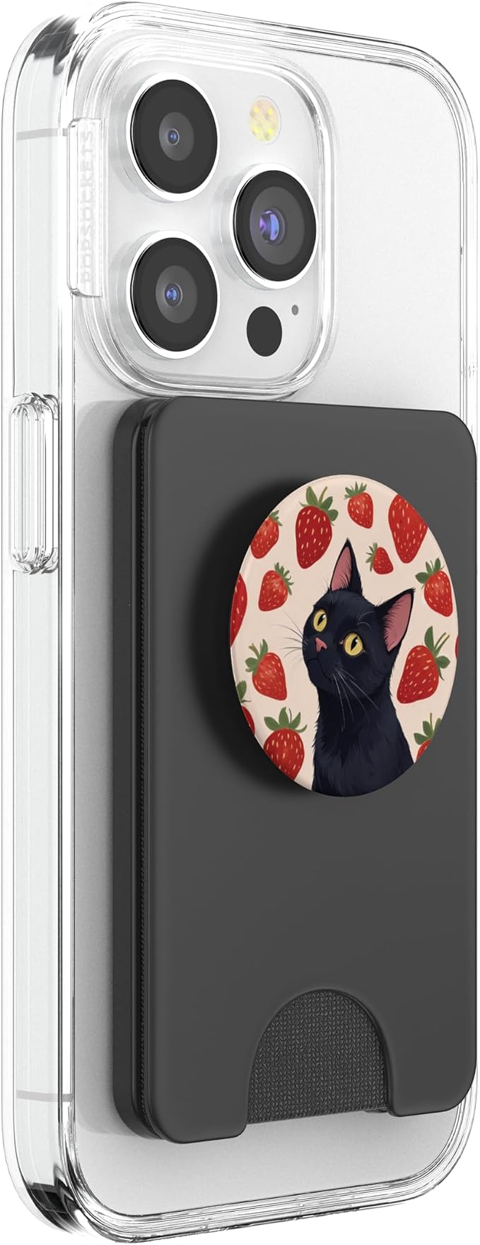 Beige Red Strawberry Black Cat Illustration Print PopSockets PopGrip for MagSafe