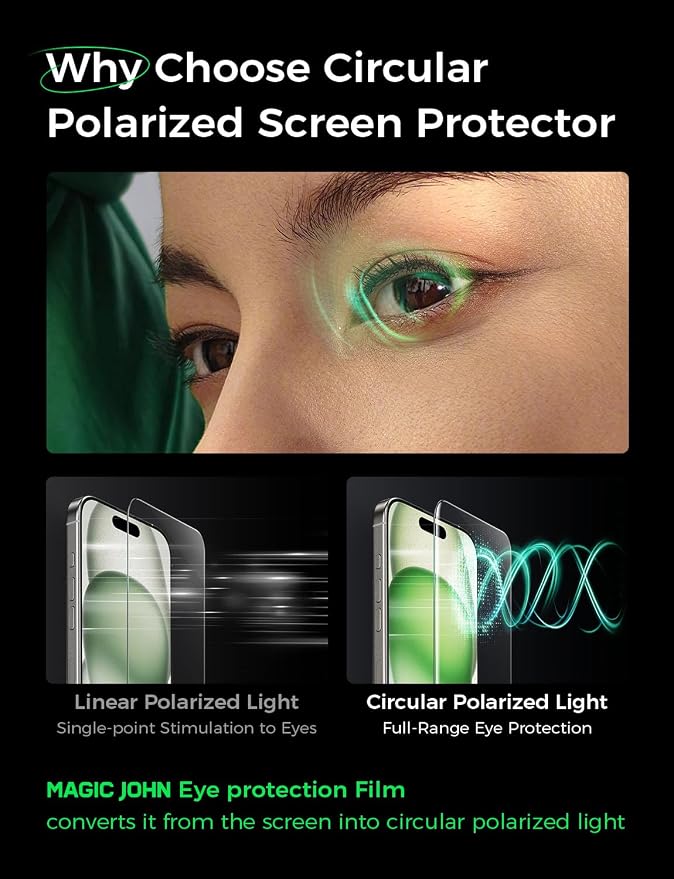MAGIC JOHN 2 Pack for iPhone 15 Pro Screen Protector Eye Protection | HD Clear Auto Dust-Elimination 9H Tempered Glass &amp Scratch Resistance Full Edge Coverage