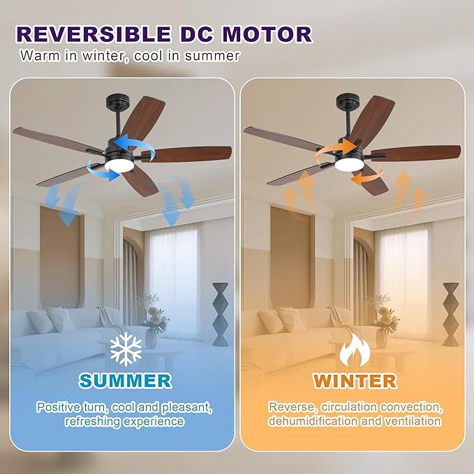 ARTPLAN 52" Ceiling Fan with Light and Remote, Noiseless DC Motor & Reversible Blades - Flush Mount LED Ceiling Fan for Bedroom, Living Room, Dining Room,Black