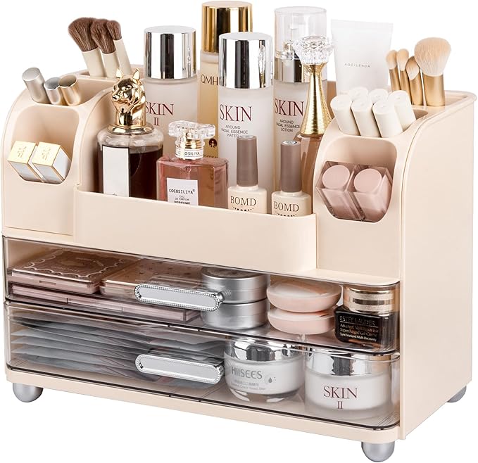 Anyoifax Makeup Organizer Countertop with Large Drawers, Vanity Organizer with Brush Holder, Skin Care Storage for Dresser, Perfume Organizer for Lotion, Lipsitck, Palette, Beige