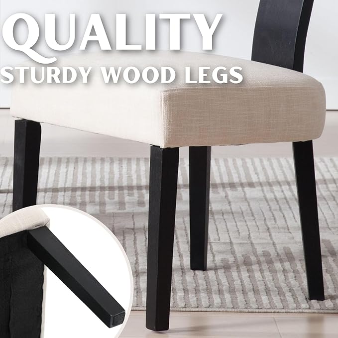 Rattan Dining Chairs Set of 2, Modern Dining Chairs Kitchen Dining Room Chair, Curved Cane Back Upholstered Linen Fabric Dining Chair with Black Wood Frame, Beige