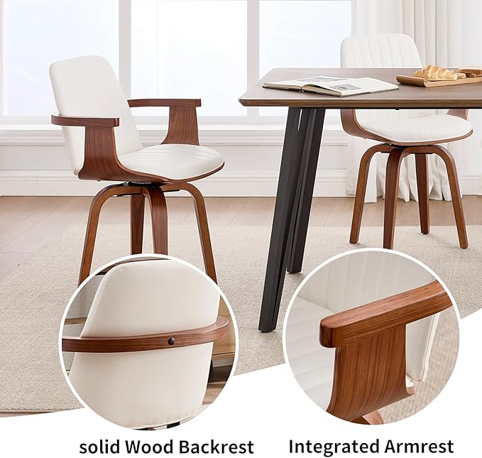 Swivel Dining Chairs Set of 2 - Mid Century Modern Kitchen Chairs for Dining Room, Upholstered PU Leather Chairs with Walnut Arms and Legs, White