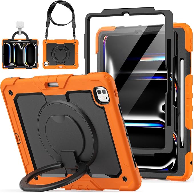 for iPad Pro 11 inch Protective Case M5 2025/M4 2024: Heavy Duty Shockproof Case with Pencil Holder - 360°Rotating Handle/Stand - Screen Protector - Shoulder Strap Black/Sky Blue