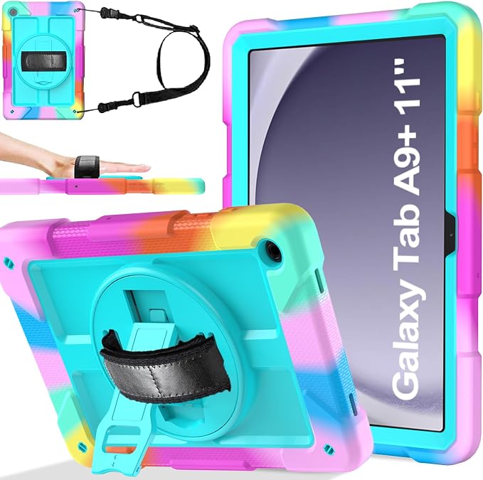 BMOUO for Samsung Galaxy Tab A9+ Plus Case 11 2023 (SM-X210/X216/X218) Shockproof Galaxy Tab A9 Plus Case with Rotating Stand and Hand/Shoulder Strap Black