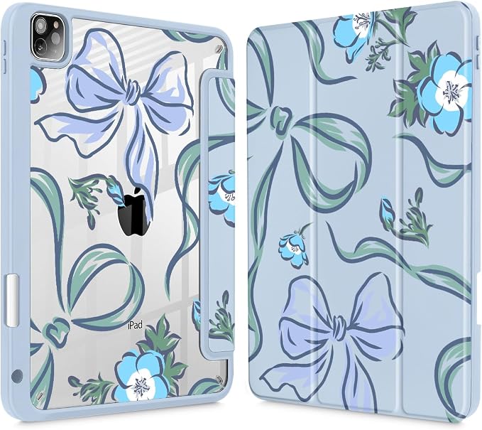 Mektron Case for iPad Pro 11 inch Case M2 2022 Generation 4th Fit 2021 2020 2018 iPad Pro 11 (3rd 2nd &amp 1st Gen) -Buit in Pencil Holder with Shockproof Cover Clear Shell Blue Bows &amp Flower