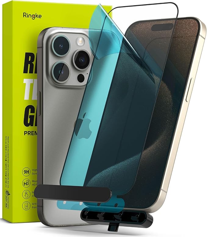 Ringke Full Cover Glass [Super Easy to Install] Compatible with iPhone 15 Screen Protector Case Friendly Shatterproof Premium 9H Hardness Tempered Glass with Installation Tool