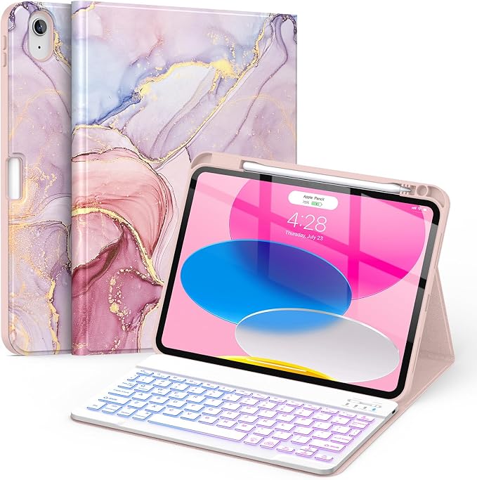 Soke for iPad (A16) 11th/10th Gen Case with Keyboard Black Marble | For iPad 11/10.9 inch(2025/2022) 7 Color Backlight Magnetic wireless Detachable Keyboard Case Built-in Pencil Holder