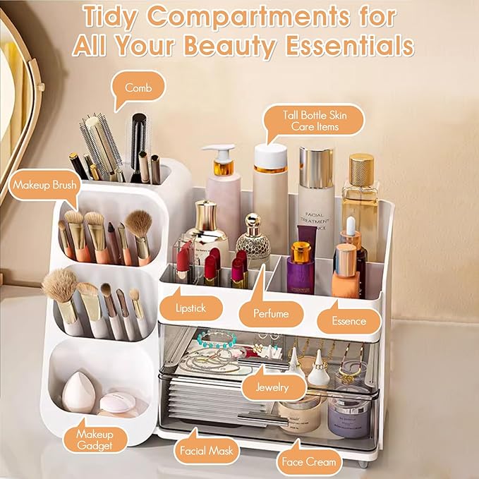 Makeup Organizer with Drawers for Vanity, Countertop Brush Holder, Counter Skincare Cosmetic Display Case Storage Box for Beauty Essentials, Women Make up Storage Solution for Bathroom Dresser Desk