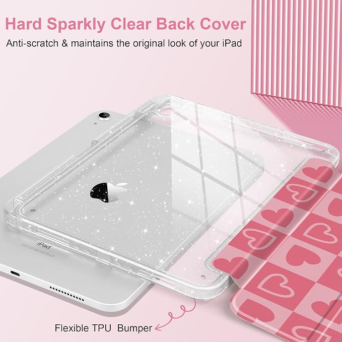 MEEgoodo Case for iPad A16 11th Generation 2025/10th Generation 2022 Glitter Tablet Cases with Transparent Acrylic Back+Trifold Stand +Pencil Holder+Auto Wake/SleepAbstract Sun &amp Palm Tree