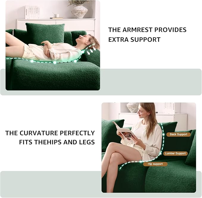 Green 3-Seater Cloud Couch, Modern Teddy Fabric Boneless Sectional Sofa in a Box for Living Room, Modular Floor Couch, Deep Seat, No Assembly Required, Sofas para Sala