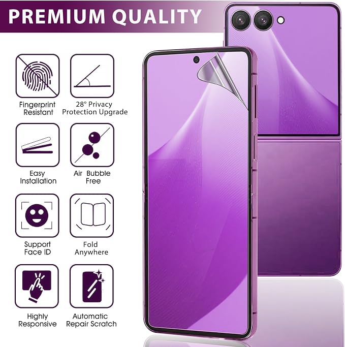 2 Sets Privacy Screen Protector for Samsung Galaxy Z Flip 5 6.7 | Inside Flexible TPU Hydrogel Film + Front Anti-Spy Tempered Glass Screen Protector Anti Scratch Self-Healing Case Friendly
