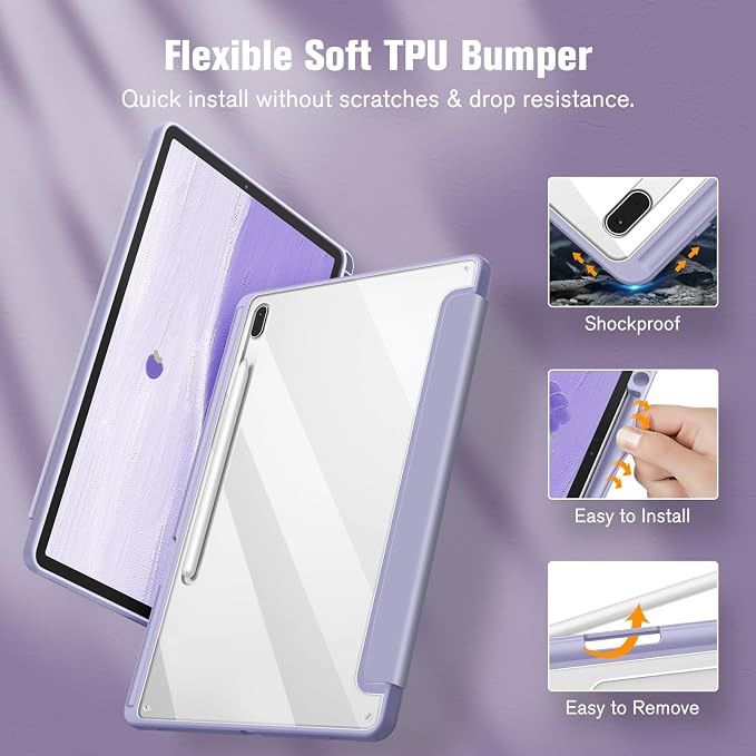 Fintie Clear Case for Samsung Galaxy Tab S8 Plus/ S7 FE/ S7 Plus 12.4 Inch | Transparent Back Shell Viewing &amp Typing Angles Shockproof S Pen Holder Auto Wake/Sleep Black