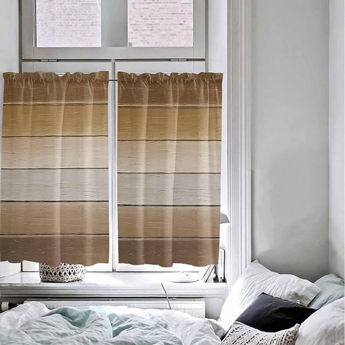 Vintage Brown Gradient Wood Grain Window Valance Curtains, Farmhouse Wood Barn