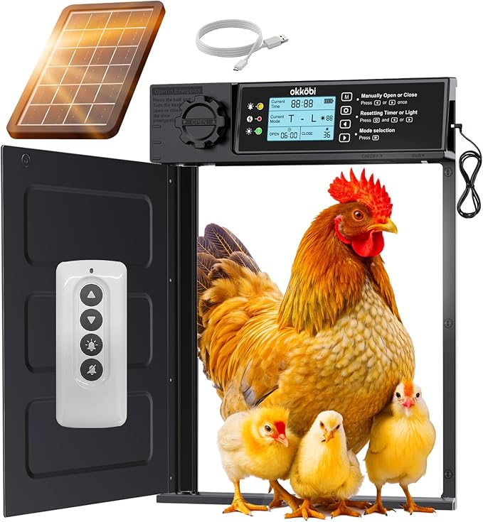 Okköbi Automatic Chicken Coop Door PRO - Light Sensor & Timer - Anti-Pinch Function - Wide Opening - New Model - Solar Powered with LCD Display - 5 Year Protection