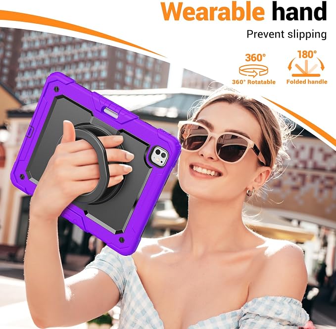 for iPad Pro 11 inch Protective Case M5 2025/M4 2024: Heavy Duty Shockproof Case with Pencil Holder - 360°Rotating Handle/Stand - Screen Protector - Shoulder Strap Black/Sky Blue