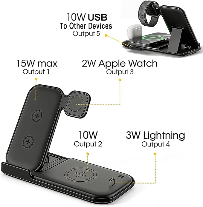 5 in 1 Wireless Charging Station for Multiple Devices Premium Fast Charging Stand for Apple Samsung Android Dual Phone Dock with USB Port for Desk Nightstand