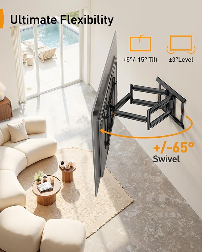 Perlegear Long Arm Full Motion TV Wall Mount for 55–120 inch TVs up to 225 lbs, Pre-Assembled TV Mount with Long Extension, Swivel & Tilt, Fits 16″/18″/24″ Wood Studs, Max VESA 900x600mm, PGXLF03B