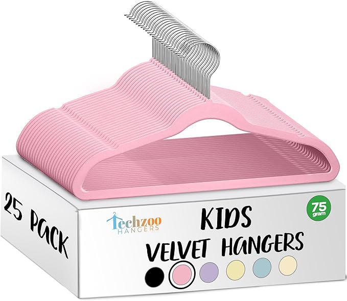TechZoo 25 Premium Kids Velvet Hangers - 14" Non-Slip Clothes Hangers for Kids & Preteens - Ultra Slim, Space-Saving, Strong & Durable Hangers with 360° Swivel Hook - Pink