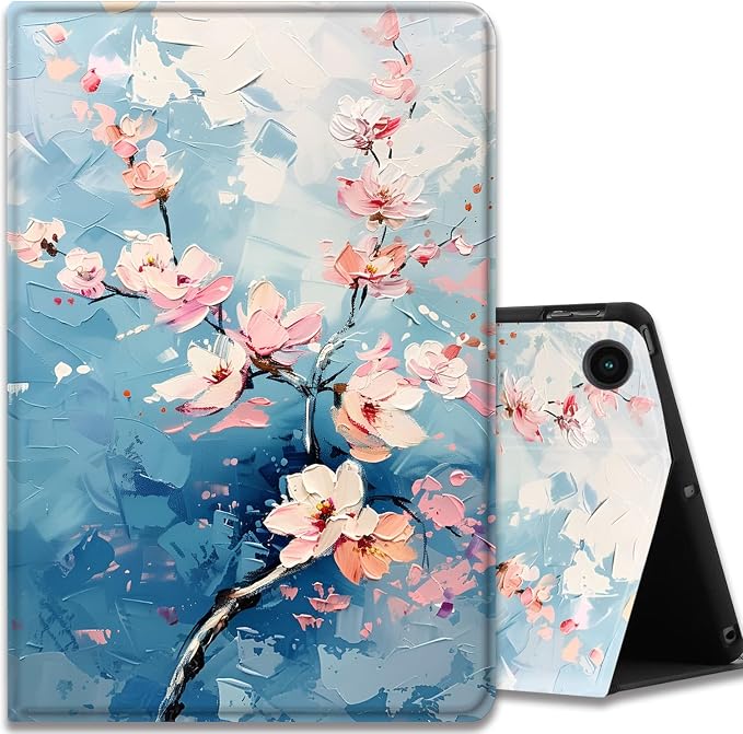 Case for Samsung Galaxy Tab A11 + Plus/A9 + Plus 11 Inch 2025/2023 Ultra-Thin Multi-Angle Protective Cover with Auto Sleep/Wake Black Cat and the Blue Flower