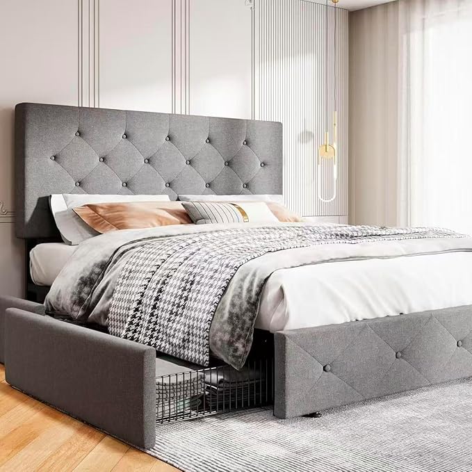 MUTICOR Queen Size Bed Frame with 4 Storage Drawers, Upholstered Platform Bed with Button Tufted Adjustable Headboard, No Box Spring Needed, Easy Assembly, Diamond Tufted, Light Grey Fabric