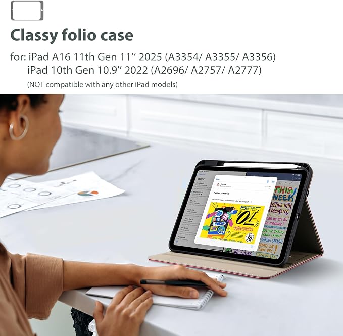 ProCase for iPad A16 11th Generation 11” 2025/iPad 10th Generation 10.9” 2022 with Pencil Holder iPad 11/10 PU Leather Case Business Stand Cover Smart Folio with Hand Strap Front Pocket -Berrypurple