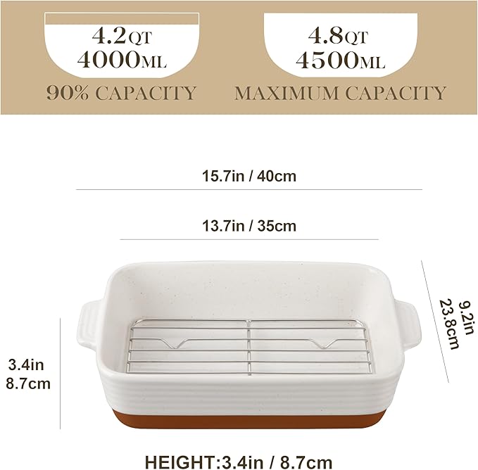 MALACASA Large 9x13 Ceramic Baking Dish with Rack, 4.8 Qt, Khaki & White