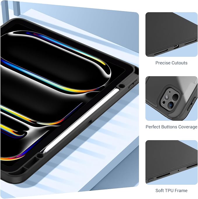 ProCase Clear Back Folio Book Case for iPad Pro 13 M5 / M4 Black | Hard Shell Protective Book Cover Built-In Pencil Holder Layout Convertible Tri-Angle Folio Stand