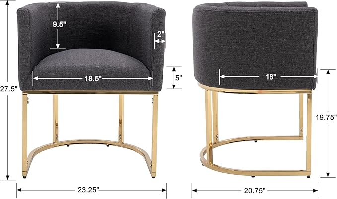Linen Fabric Dining Chair Modern Barrel Arm Chairs with Black Frame, Upholstered Kitchen Chairs 18.5" Wide Accent Chair for Living Room Dining Room Restaurant, Charcoal