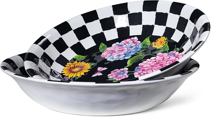 LEHAHA Melamine Large Serving Bowls, Set of 2, Sunflower 13.75" x 2.75" (130 OZ) Pasta and Salad Bowl, Black Plaid Durable for Kitchen, Dishwasher Safe