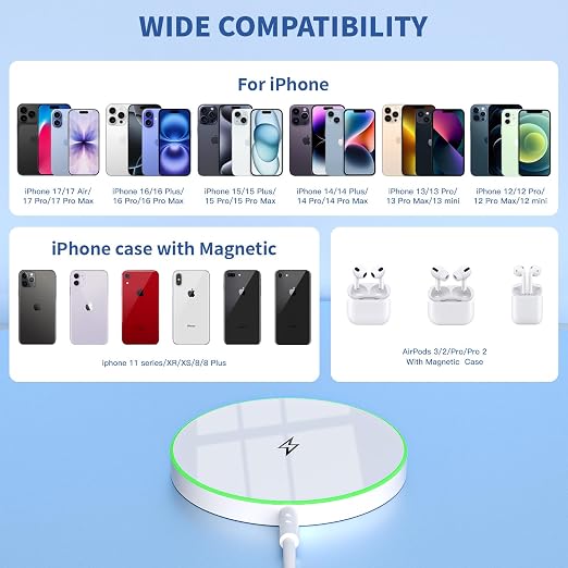 Magnetic Wireless Charger for iPhone 17 with LED Light10FT Long Mag-Safe Charger Magnetic Charging Pad with USB C PD Adapter Fast Charging for iPhone 17/17 Air/17 Pro Max/Pro/16/15/14/13/12AirPods