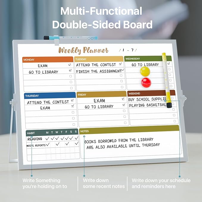 Dry Erase White Board with Stand,Double-Sided Weekly Whiteboard 16"x12", 10 Markers, 6 Magnets, 1 Eraser, Portable Desktop Whiteboard for Planning,Weekly Schedule Board for School for Home