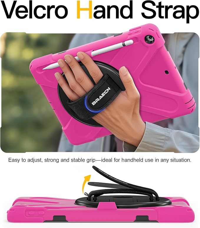 BRAECN Case for iPad 6th/5th Generation - 9.7 inch 2018/2017 Black | Protective Heavy Duty Shockproof Rugged Cover for Kids/Adults 360° Rotating Hand Strap/Stand &amp Detachable Shoulder Strap