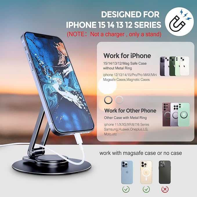 CreaDream Magnetic Phone Stand for Desk Aluminum MagSafe iPhone Stand Foldable Adjustable Cell Phone Stand Holder Compatible with iPhone 16 15 14 13 12 Pro Max and Magsafe Case | Foldable Adjustable