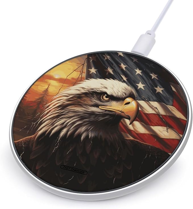 Flag and Eagle Wireless Charger with USB Cable Qi-Certified 10W Fast Wireless Charging Pad Portable Charging Station Anti-Slip Slim Charger Mat for All Qi-Enabled Phones